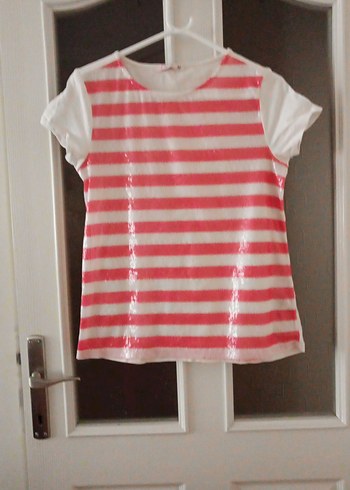 Pembe Çizgili Önü Pullu Tişört - Görsel 6