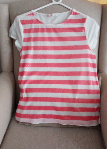 Pembe Çizgili Önü Pullu Tişört - Görsel 2