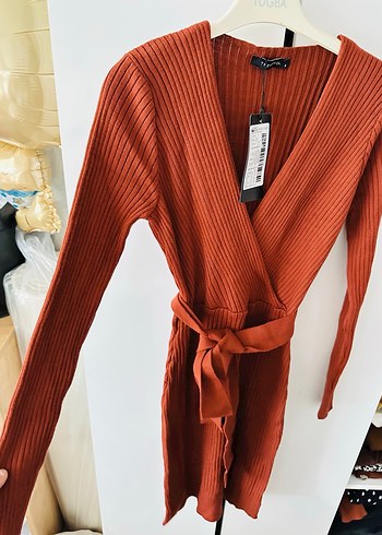 Taba V Yaka midi Triko Elbise - Görsel 4