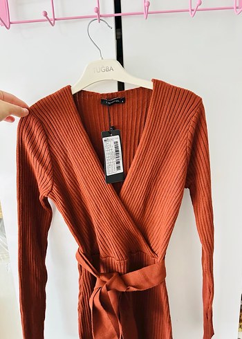 Taba V Yaka midi Triko Elbise - Görsel 5