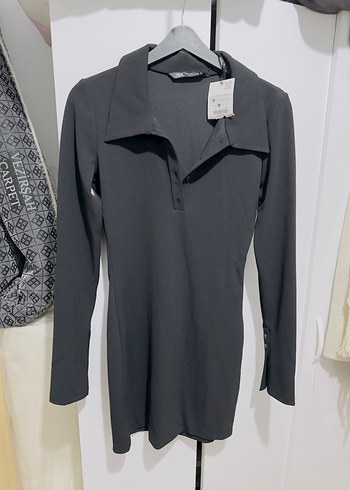 Siyah Düğmeli mini kol detaylı Kadın Elbise - Görsel 5