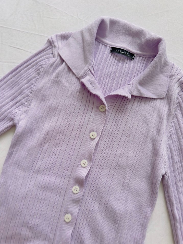 Düğmeli Lila Triko Hırka - Görsel 3