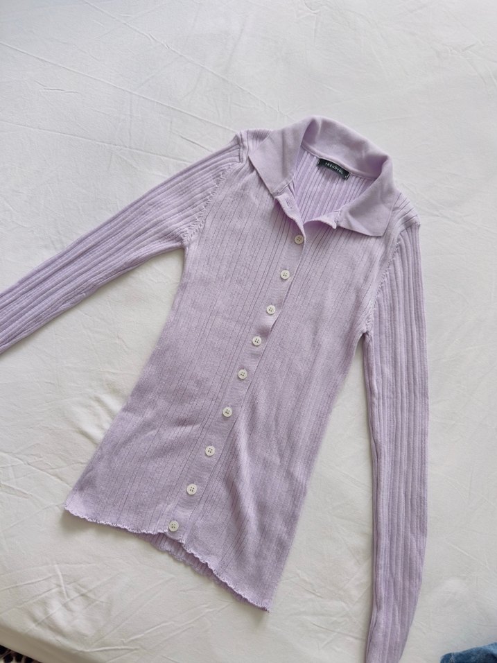 Düğmeli Lila Triko Hırka - Görsel 2