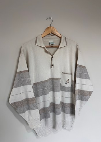 Erkek Bej Gri Çizgili Örgü Triko - Görsel 3