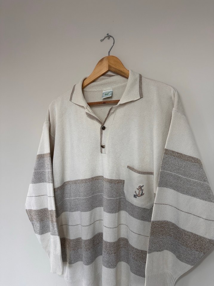 Erkek Bej Gri Çizgili Örgü Triko - Görsel 2