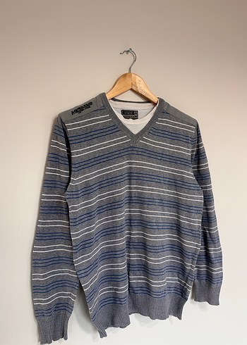 Gri Çizgili V Yakalı Örgü Erkek Kazak - Görsel 3