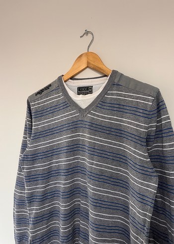 Gri Çizgili V Yakalı Örgü Erkek Kazak - Görsel 2