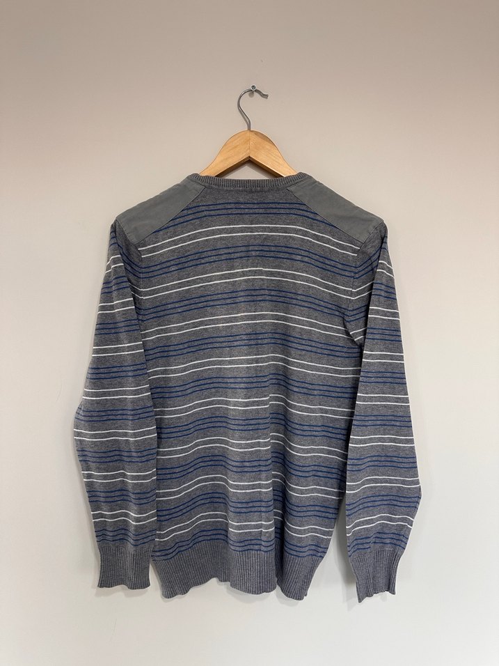 Gri Çizgili V Yakalı Örgü Erkek Kazak - Görsel 5