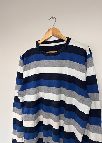 Mavi Gri Çizgili Pamuklu Erkek Kazak - Görsel 2