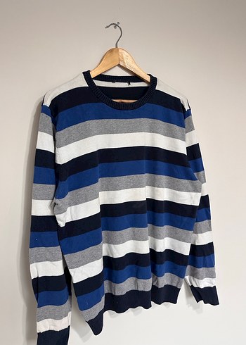 Mavi Gri Çizgili Pamuklu Erkek Kazak - Görsel 3