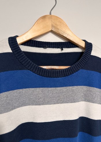 Mavi Gri Çizgili Pamuklu Erkek Kazak - Görsel 4