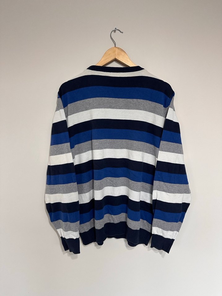 Mavi Gri Çizgili Pamuklu Erkek Kazak - Görsel 5