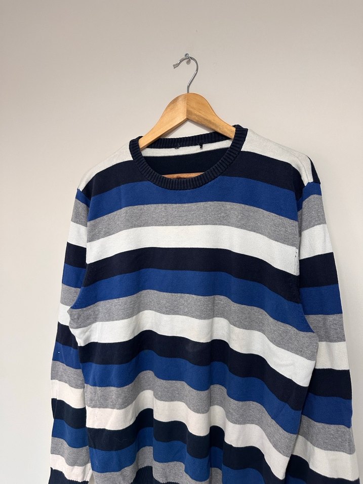 Mavi Gri Çizgili Pamuklu Erkek Kazak - Görsel 2