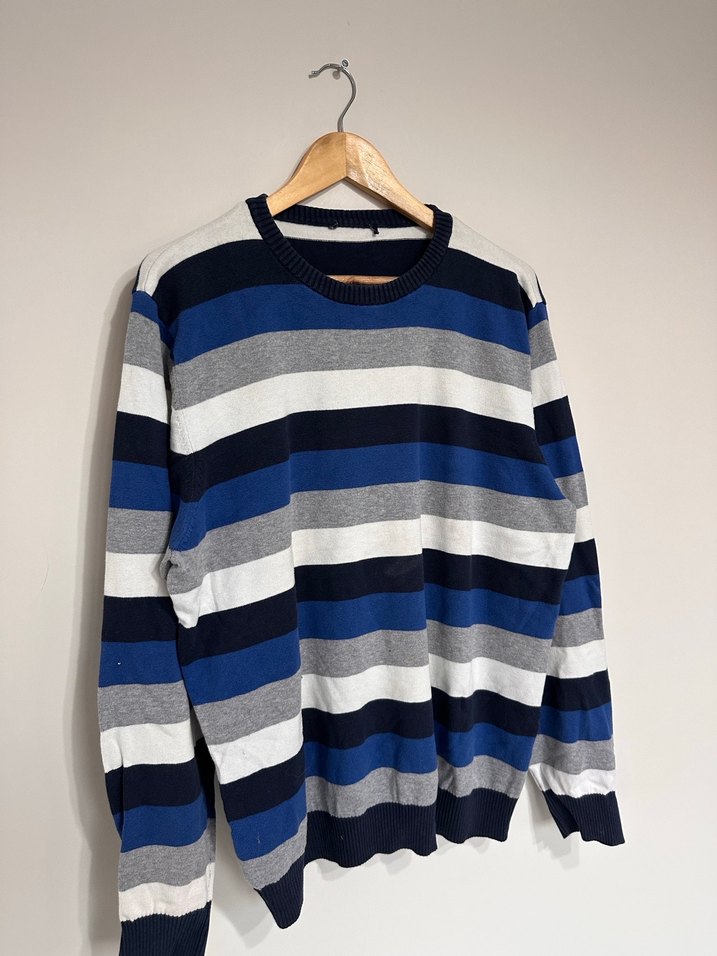 Mavi Gri Çizgili Pamuklu Erkek Kazak - Görsel 3