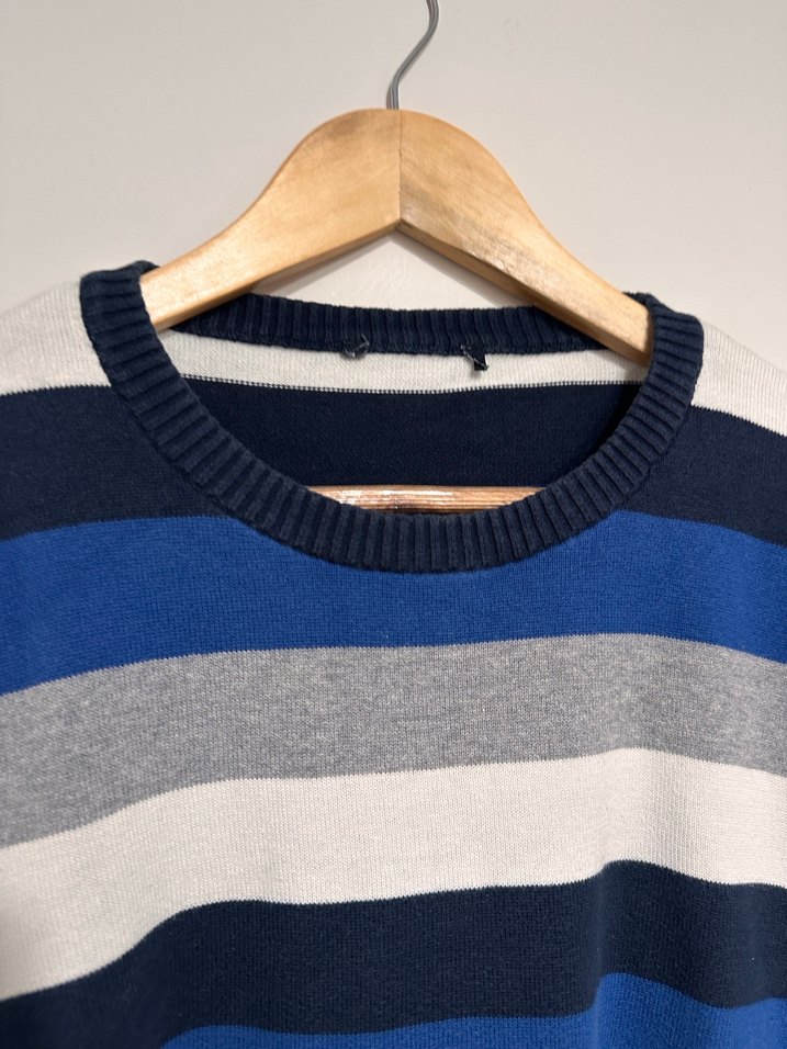 Mavi Gri Çizgili Pamuklu Erkek Kazak - Görsel 4