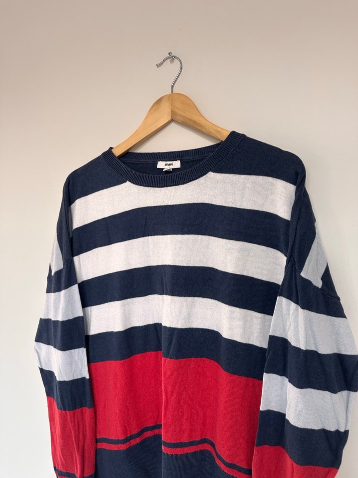 Çizgili Oversize Kadın Triko Kazak - Görsel 2