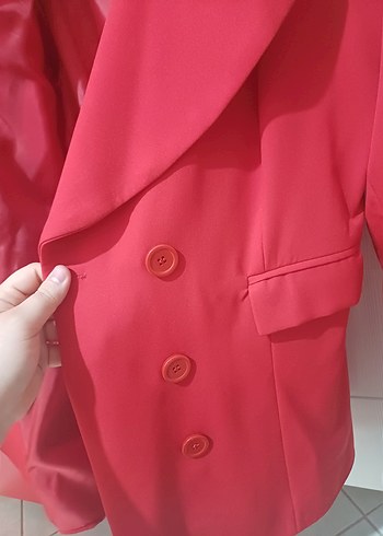 Kadın Kırmızı Düğmeli Klasik Blazer - Görsel 5