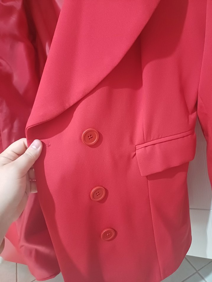 Kadın Kırmızı Düğmeli Klasik Blazer - Görsel 5