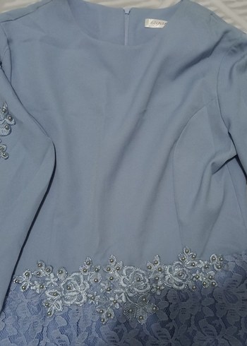 Mavi Dantel Detaylı Uzun Kollu Abiye Elbise - Görsel 3