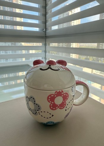  Beden Pembe Kulaklı Kedi Figürlü Renkli Seramik Kupa