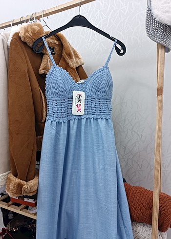 Mavi Bohem V Yaka Boncuklu Uzun Elbise - Görsel 3