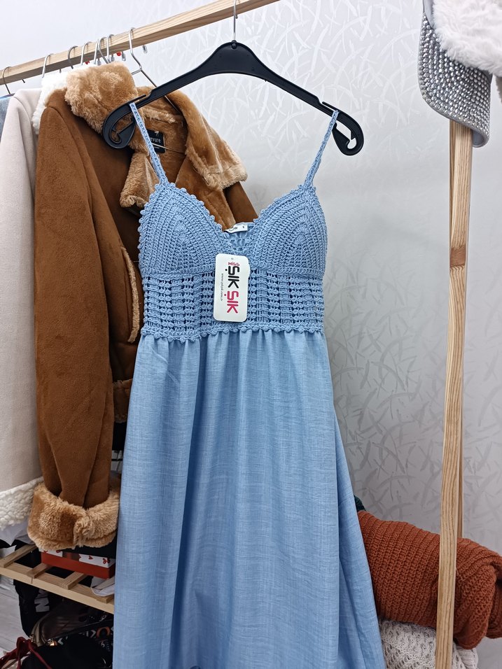 Mavi Bohem V Yaka Boncuklu Uzun Elbise - Görsel 3