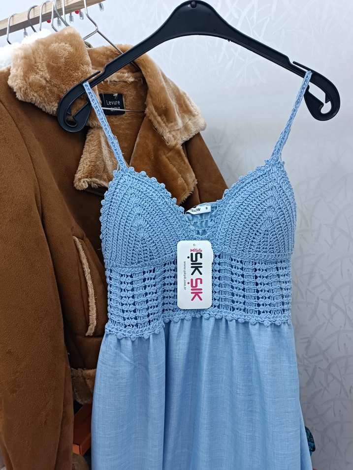 Mavi Bohem V Yaka Boncuklu Uzun Elbise - Görsel 2