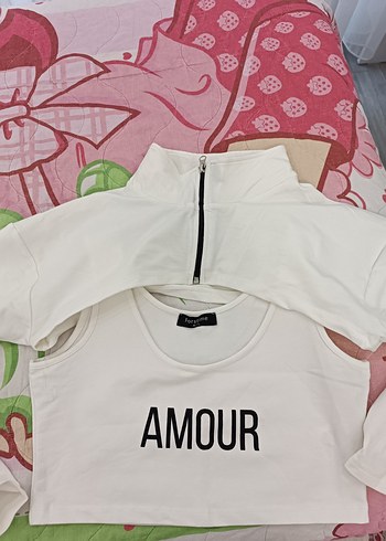 Beyaz Baskılı Fermuarlı Tişört takım - Görsel 2