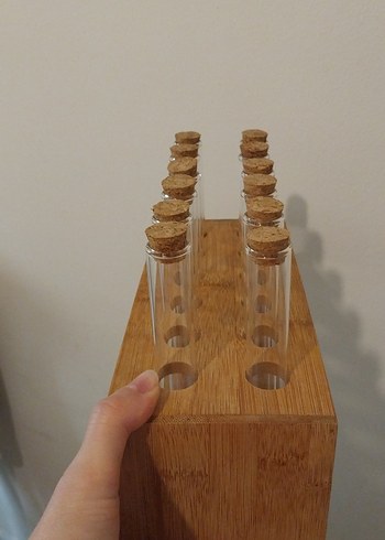 Mantar Kapaklı Cam Deney Tüpü Seti ve Ahşap Standlı baharatlık - Görsel 2