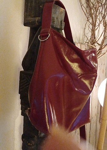  Beden bordo Renk Stradivarius Burgundy Parlak Suni Deri Kadın Çanta