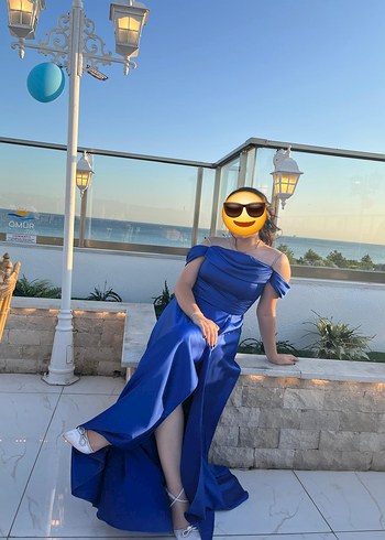 Diğer Mavi Drapeli Uzun Abiye Elbise