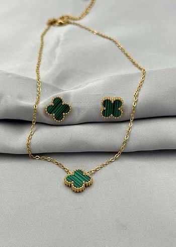 Accessorize  Celik Kolye Kupe Zarif Yesil Yonca Altin Taki Seti