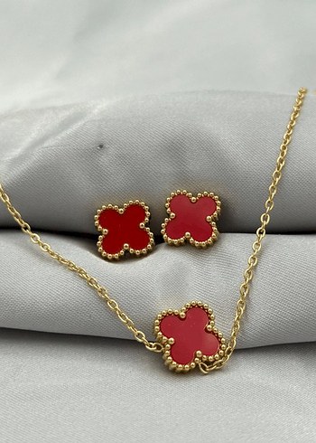 Accessorize  Celik Kirmizi Cicekli Altin Taki Seti Kolye Kupe