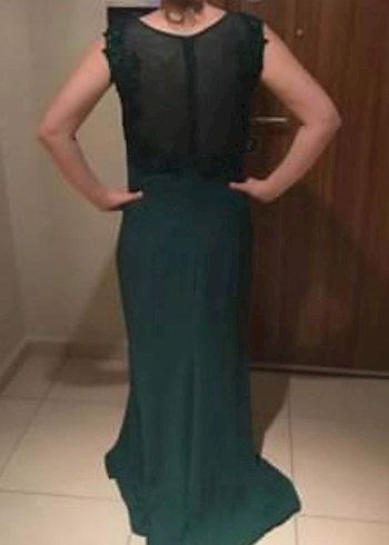 Koyu Yeşil Drapeli Uzun Abiye Elbise - Görsel 2