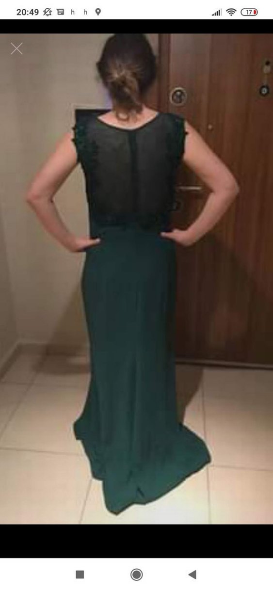 Koyu Yeşil Drapeli Uzun Abiye Elbise - Görsel 2