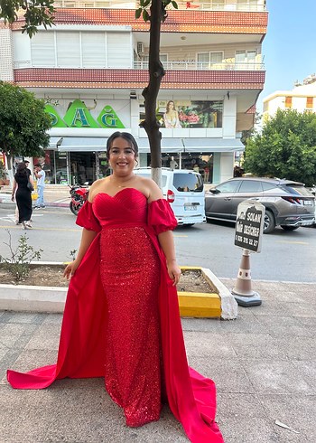 Kırmızı Drapeli Uzun Abiye Elbise - Görsel 2