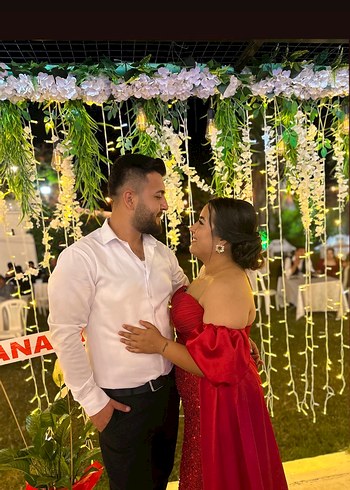 Kırmızı Drapeli Uzun Abiye Elbise - Görsel 3