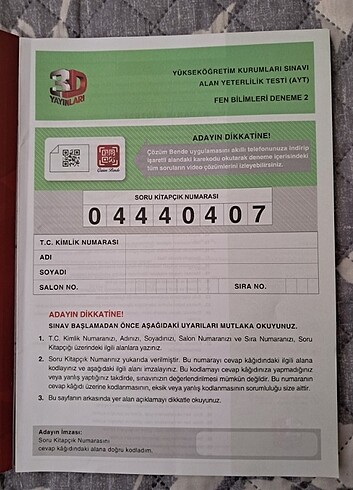  Beden AYT FEN BİLİMLERİ DENEMELERİ