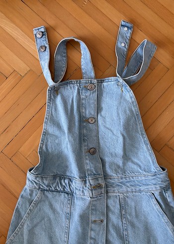 Düğmeli Mavi Kot Salopet - Görsel 2