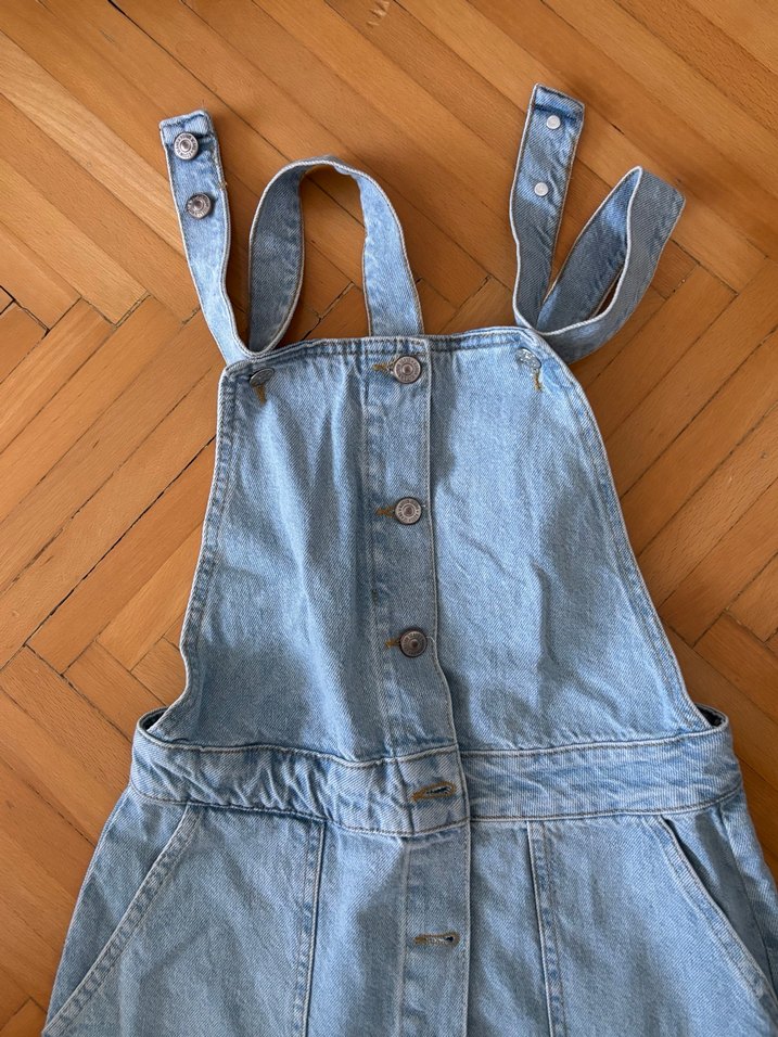 Düğmeli Mavi Kot Salopet - Görsel 2