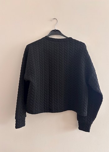 Kadın Siyah Örgü Desenli Kısa Sweatshirt etek takım - Görsel 6