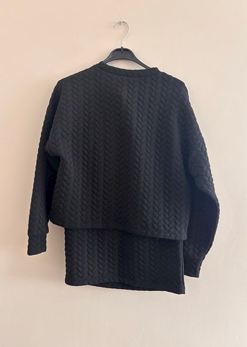 Kadın Siyah Örgü Desenli Kısa Sweatshirt etek takım - Görsel 5