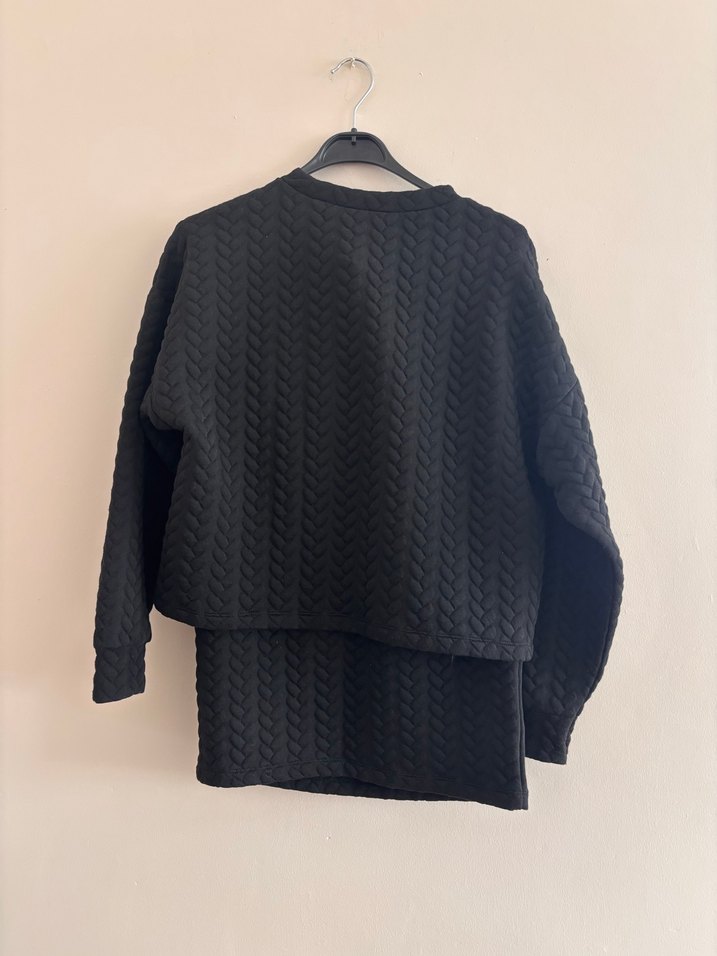 Kadın Siyah Örgü Desenli Kısa Sweatshirt etek takım - Görsel 5