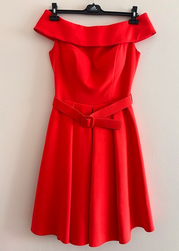 Kırmızı midi boy Straplez Kemerli Elbise - Görsel 2