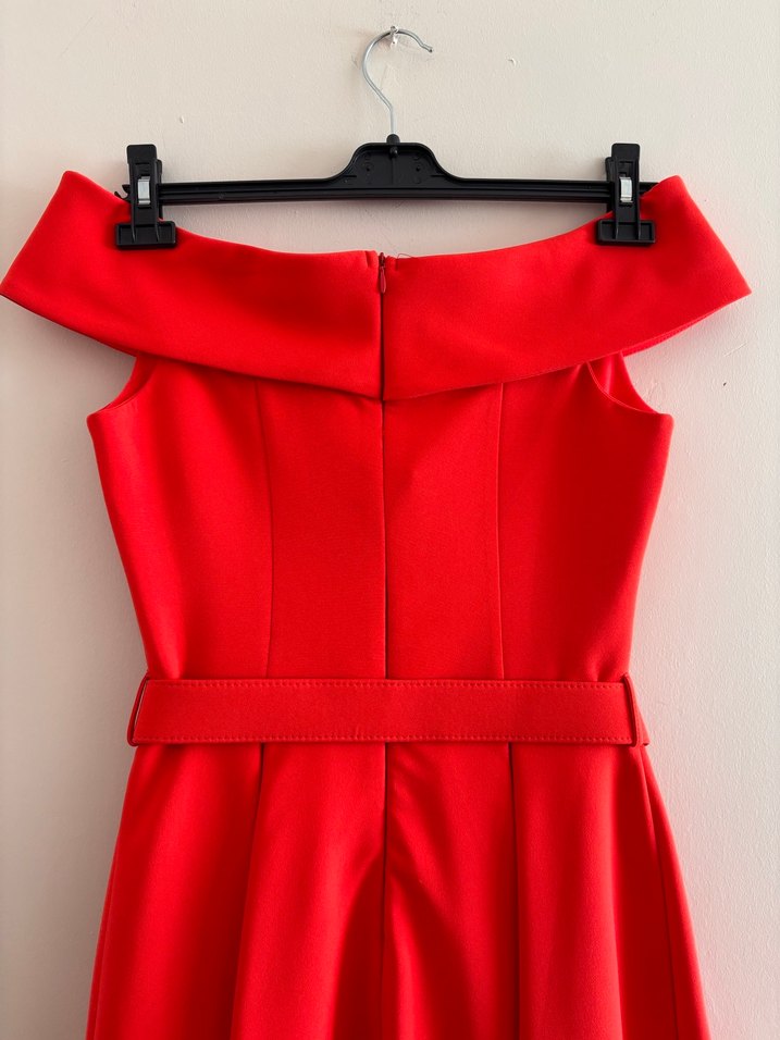 Kırmızı midi boy Straplez Kemerli Elbise - Görsel 5