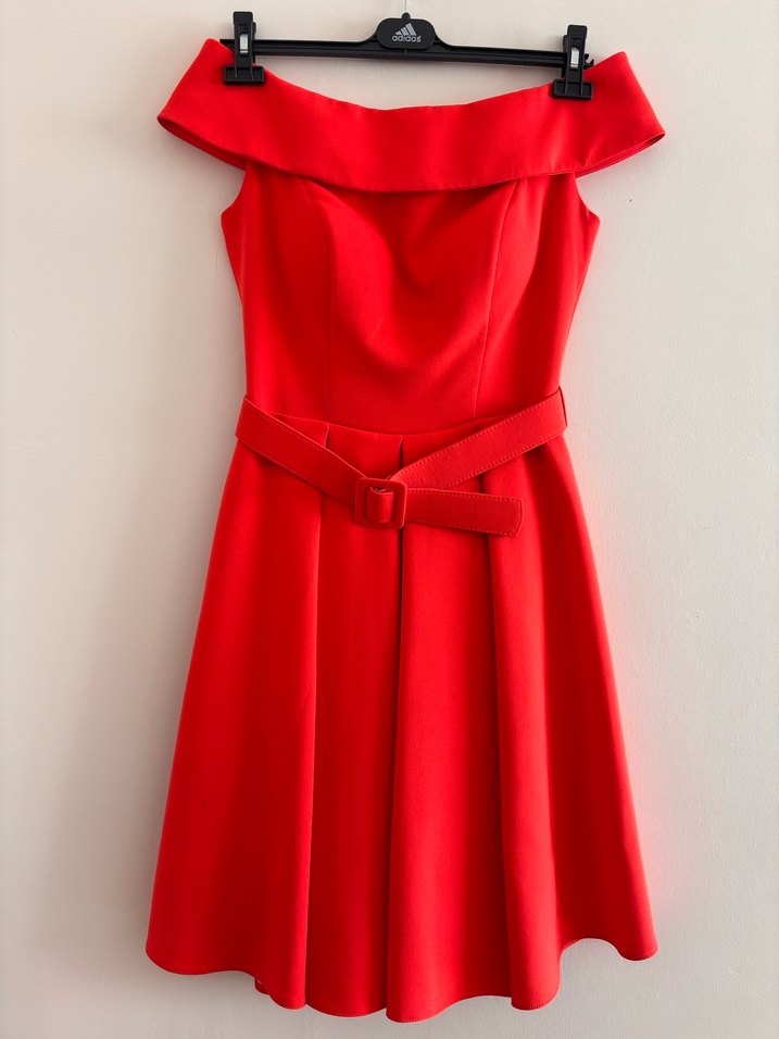 Kırmızı midi boy Straplez Kemerli Elbise - Görsel 2