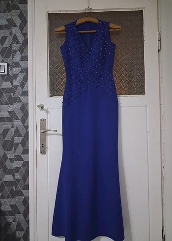 Mavi V Yaka Uzun Abiye Elbise - Görsel 2