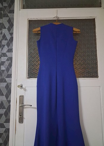 Mavi V Yaka Uzun Abiye Elbise - Görsel 3