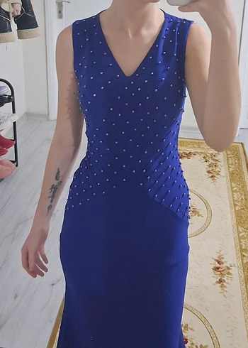 Mavi V Yaka Uzun Abiye Elbise - Görsel 4