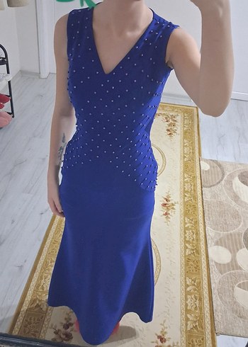 Mavi V Yaka Uzun Abiye Elbise - Görsel 5